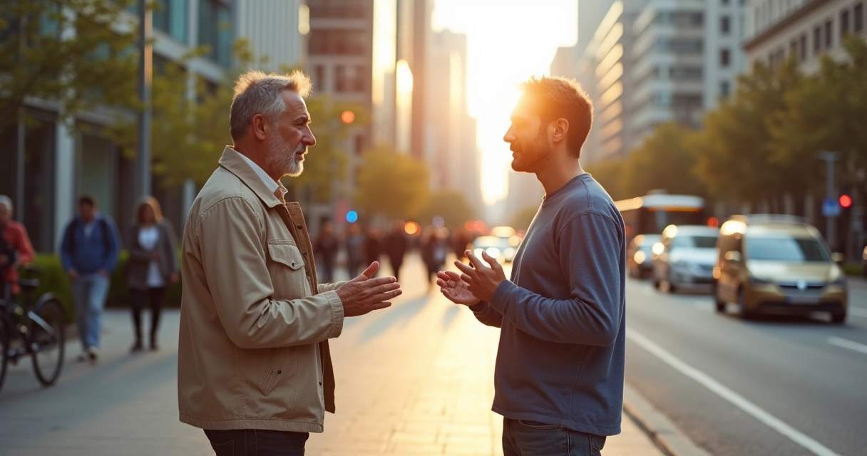 Duas pessoas dialogando com calma em calçada urbana movimentada 