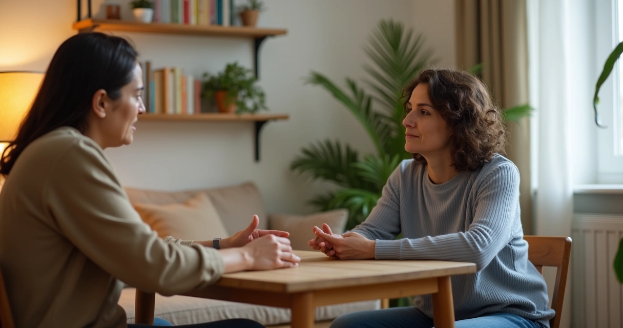 Duas pessoas conversando com postura calma e empática em ambiente aconchegante 