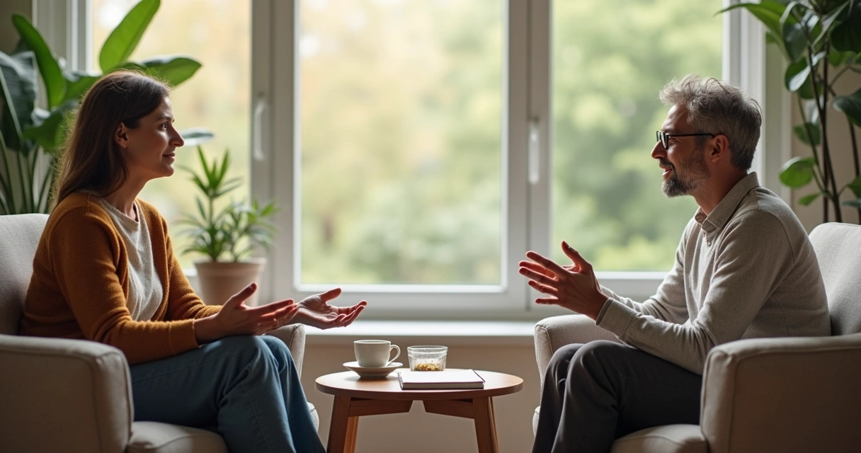 Duas pessoas conversando com calma em uma sala iluminada, sentadas de frente em tom de escuta empática 