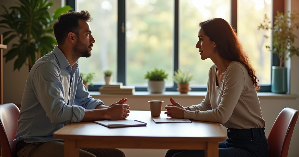 Duas pessoas conversando com calma em uma mesa, trocando mensagens em tom empático 