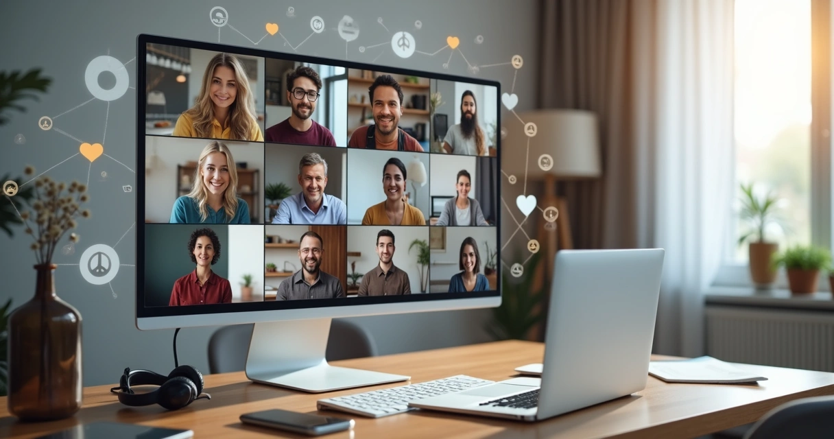 Pessoas de diferentes culturas em videoconferência com símbolos de conexão digital 