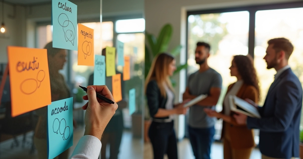 Colegas de trabalho escrevendo necessidades em post-its em parede de vidro 