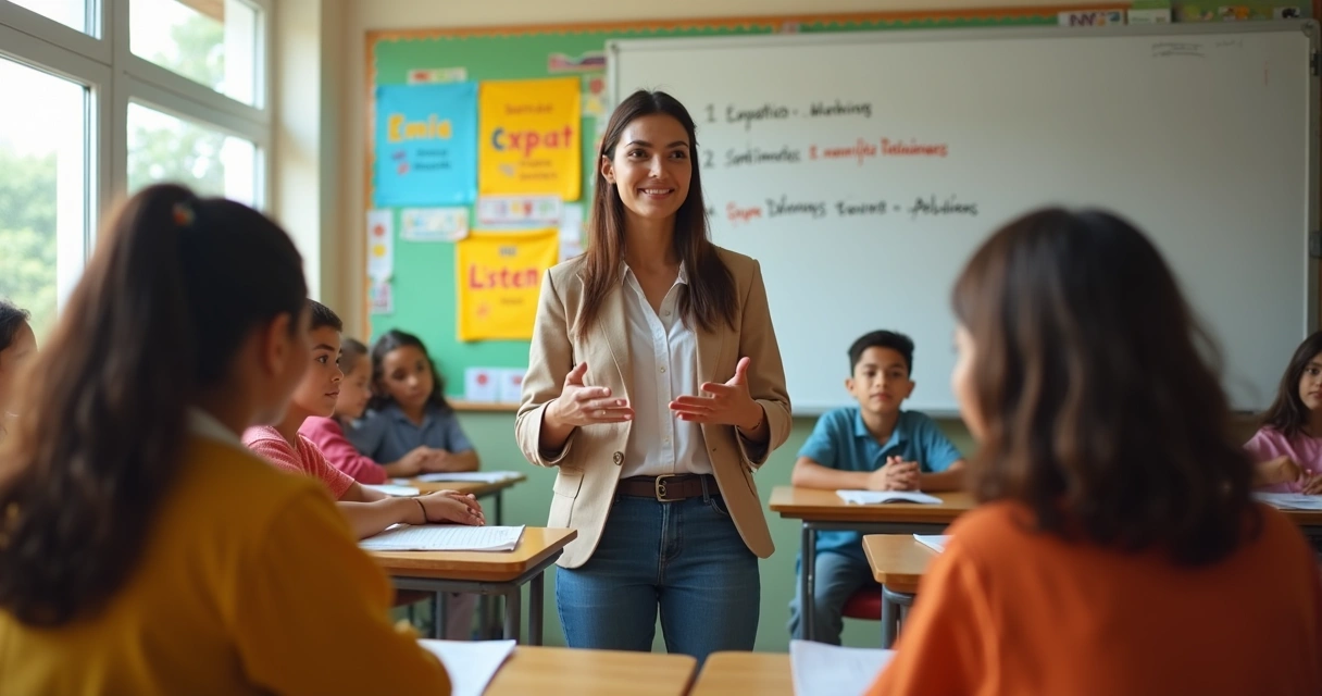 Professora mediando diálogo respeitoso entre alunos em sala de aula 