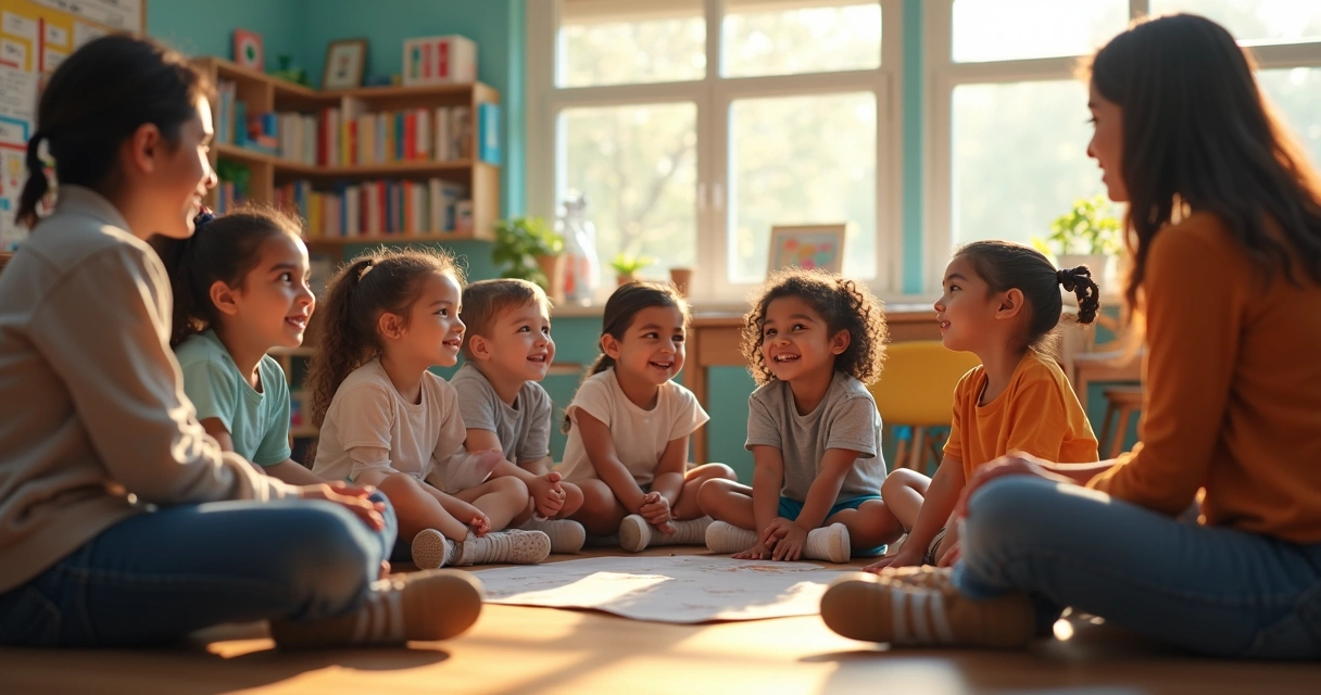 Professora e alunos conversando em círculo em sala de aula