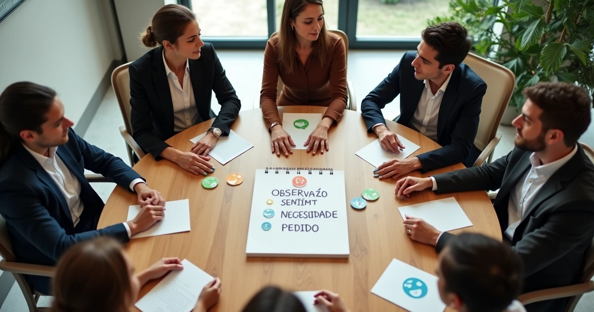 Equipe em mesa redonda usando cartões coloridos para treinar comunicação não violenta 