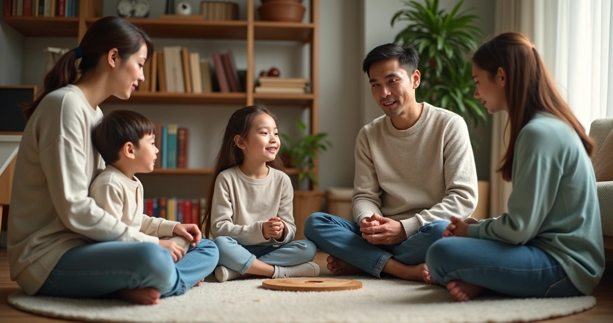 Família em roda no tapete da sala praticando conversa calma e respeitosa 