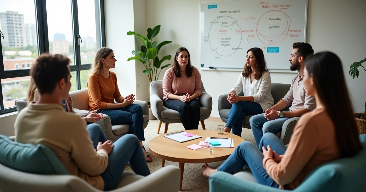 Grupo diverso em roda praticando comunicacao nao violenta em ambiente moderno 