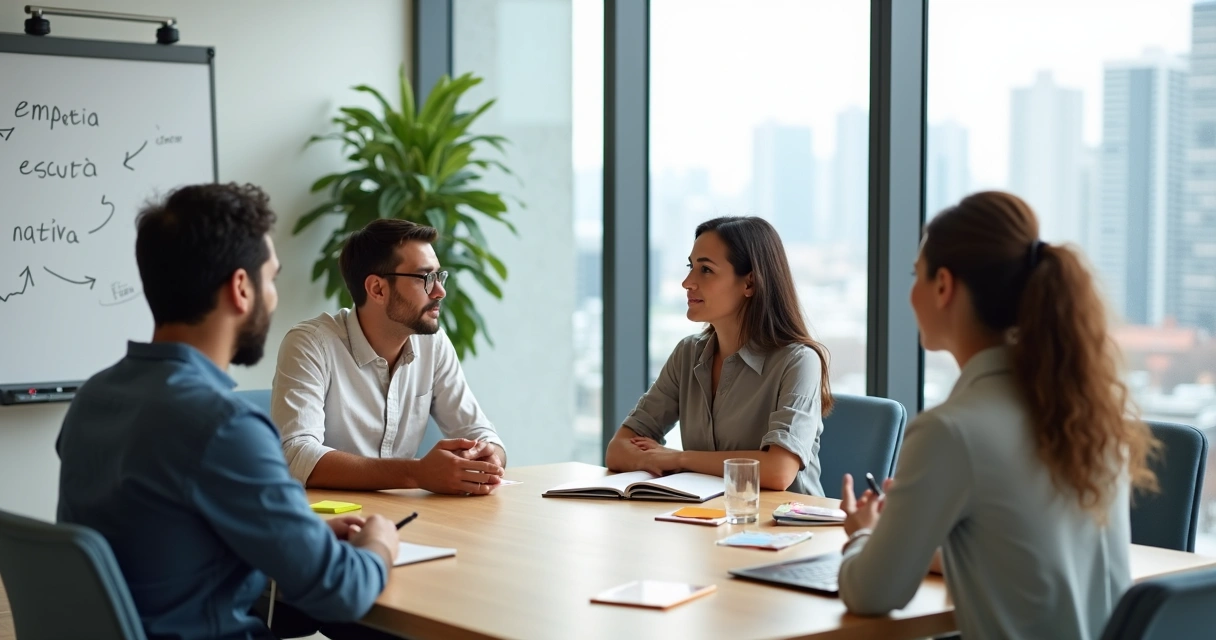 Colegas de trabalho conversando com calma em uma reunião colaborativa 