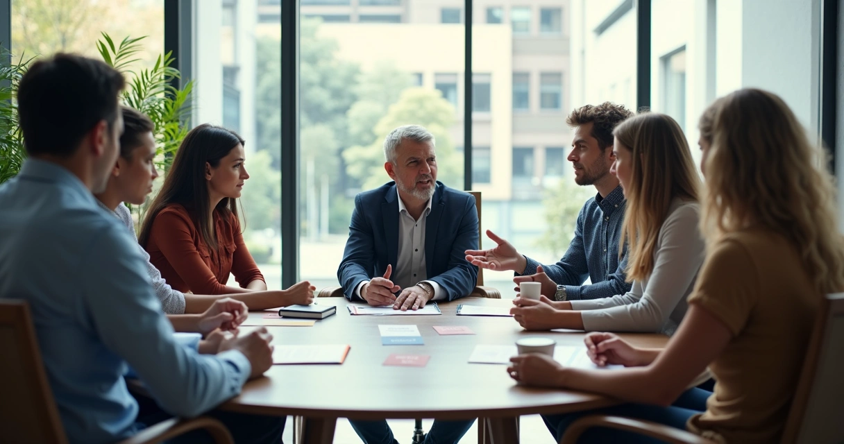 Reunião de equipe em escritório moderno praticando comunicação não violenta 