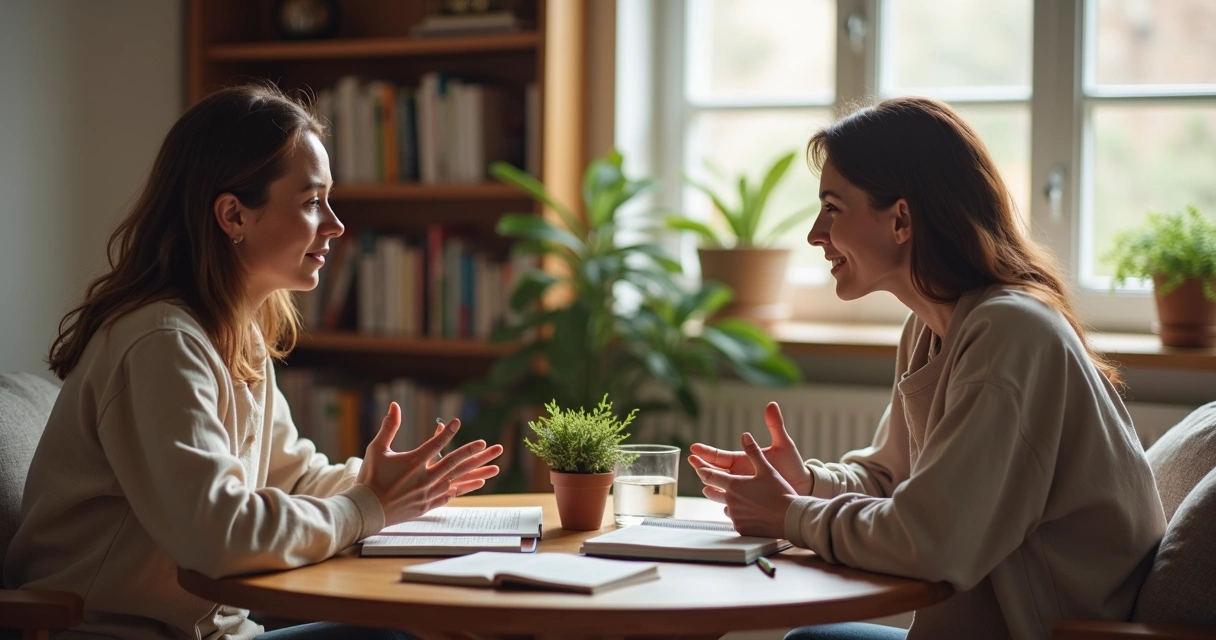 Duas pessoas conversando com calma em uma sala, sinalizando comunicação não violenta 