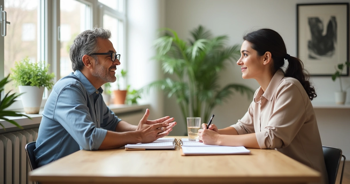 Duas pessoas em reunião tranquila praticando comunicação não violenta 
