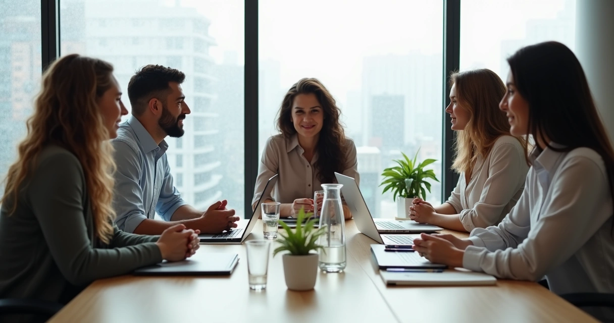 Equipe em reunião praticando comunicação não violenta com expressão calma e colaborativa 