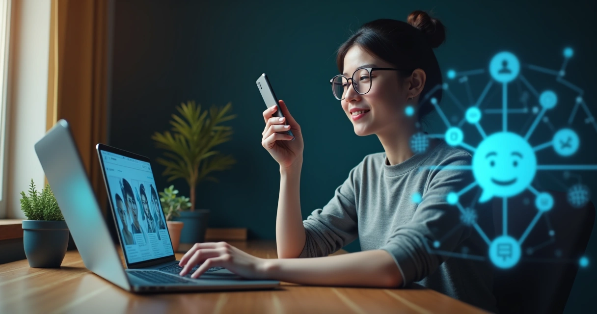 Pessoa usando notebook e celular com ambiente digital ao redor e expressão atenta e serena 