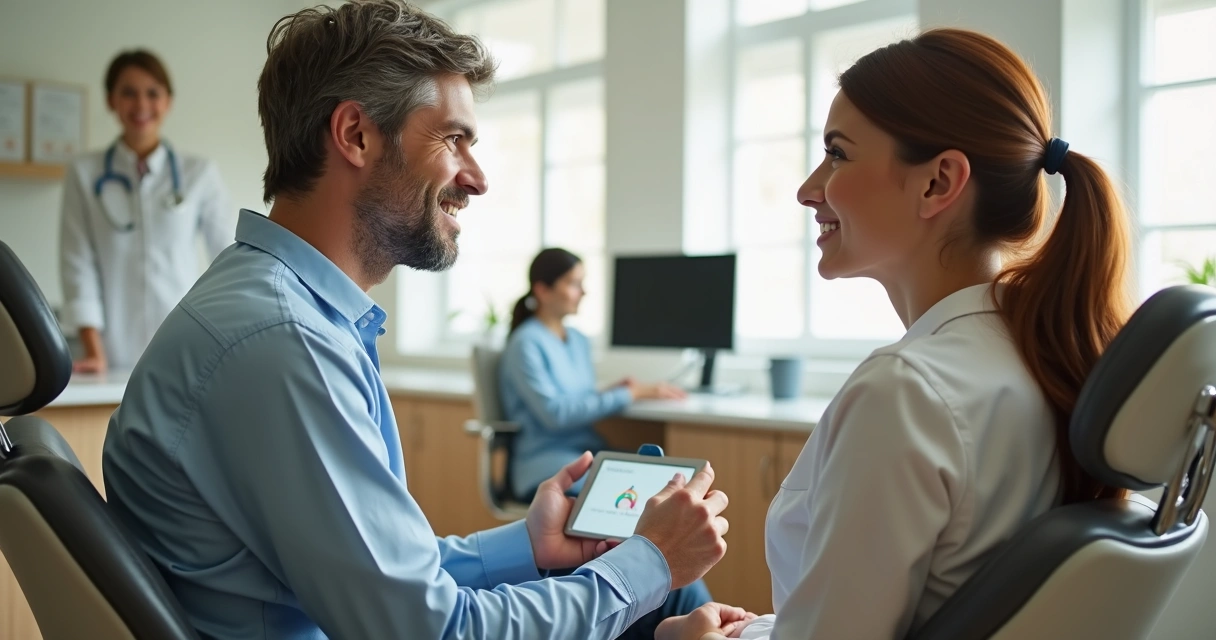 Dentista e paciente conversando em consultório odontológico