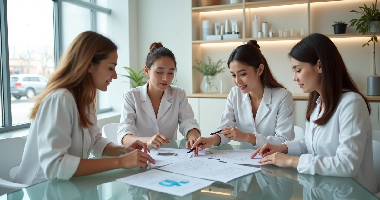 Equipe de recepção e profissionais de clínica de estética em reunião alinhando comunicação padronizada 