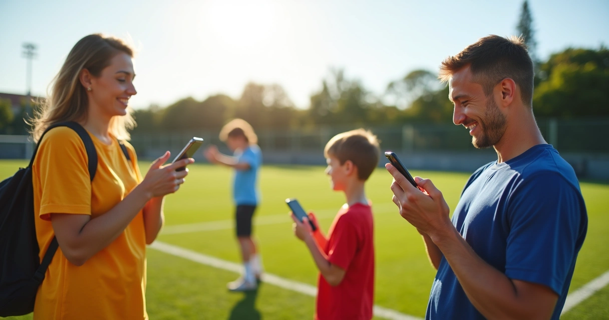 Pais recebendo mensagem no celular sobre progresso do filho no futebol 