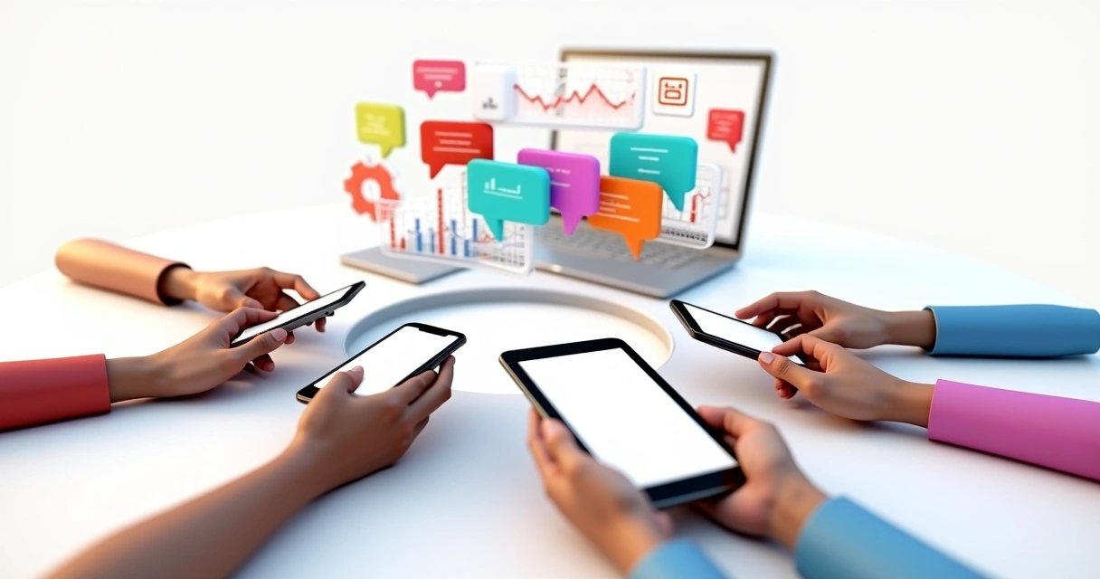 Como sair de 10 para 100 parceiros sem perder qualidade Ilustração de mãos segurando diferentes dispositivos como smartphone e tablet, com ícones de mensagens e gráficos coloridos flutuando