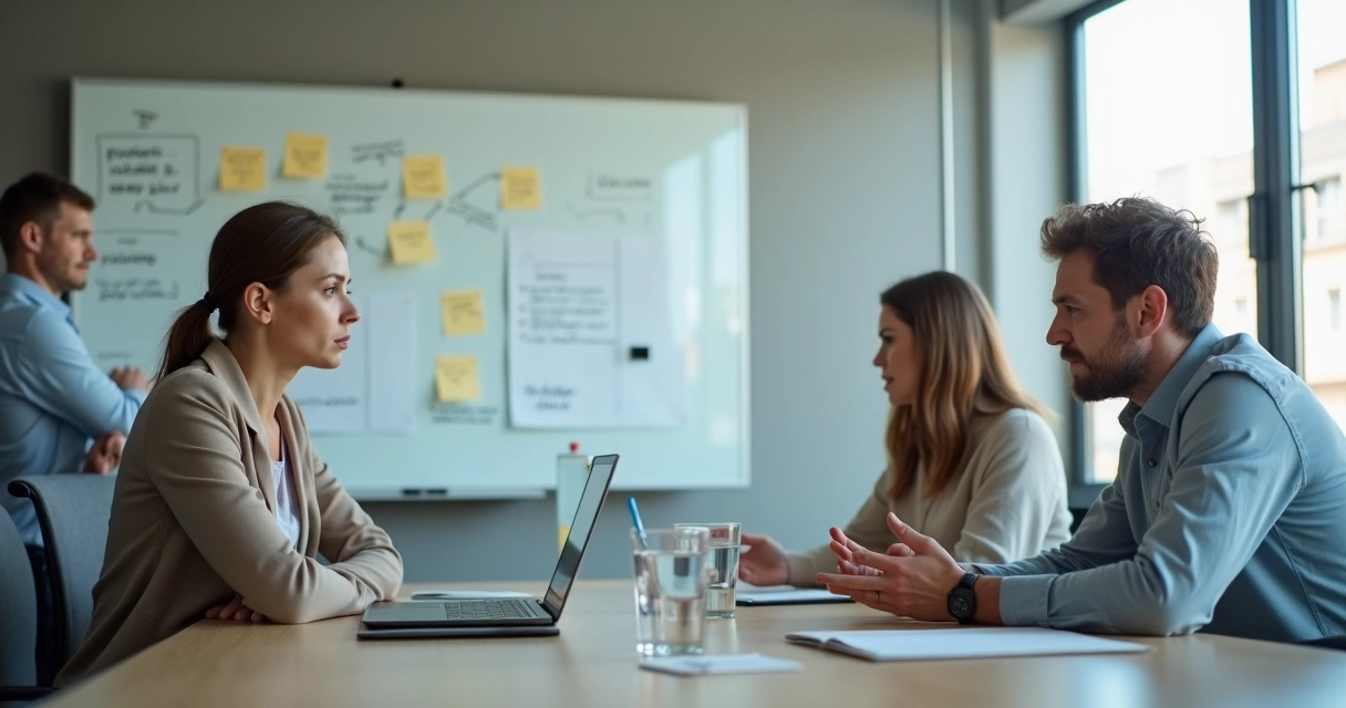 Colega calado em reunião enquanto outro fala confuso diante de um quadro com recados passivo-agressivos 