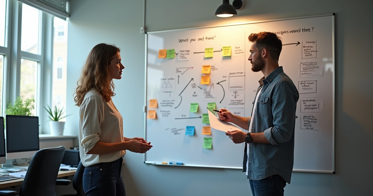 Duas pessoas trocando informações em frente a um quadro branco com tarefas de uma pequena empresa 