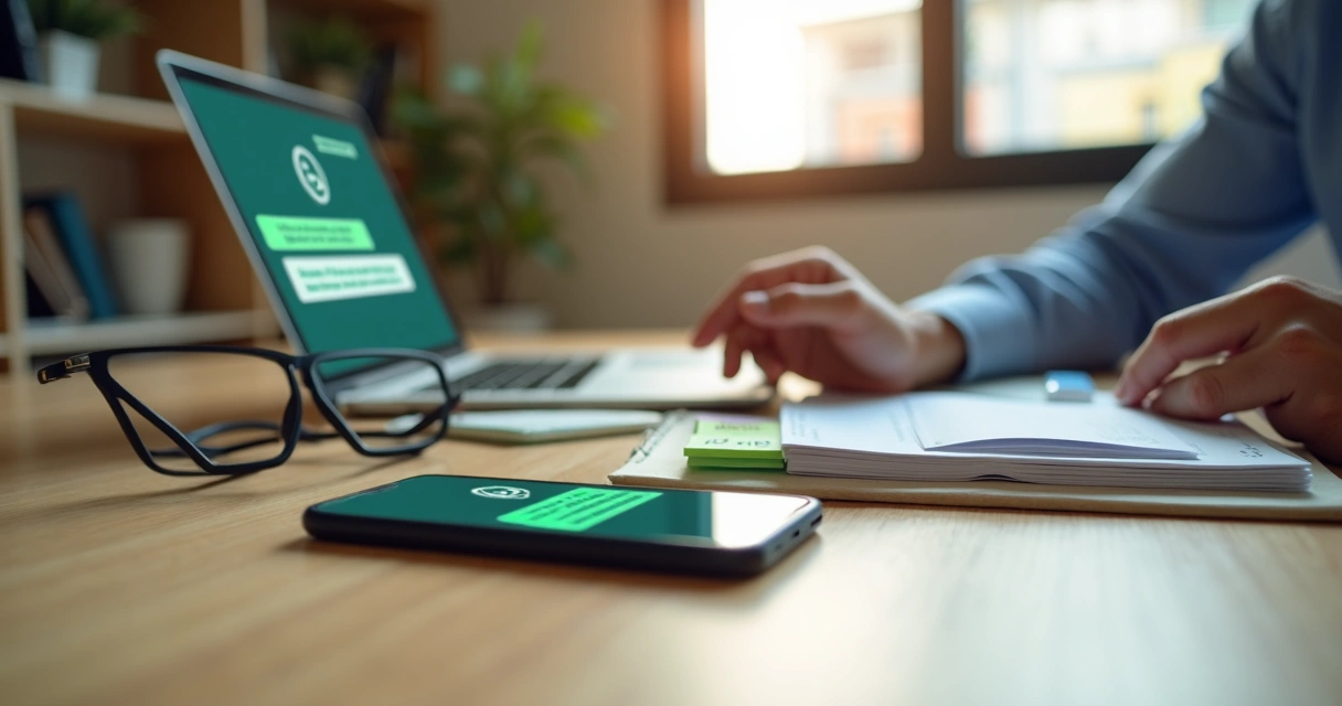 Profissional mostra mensagem personalizada de cobrança em tela de smartphone sobre mesa de trabalho 