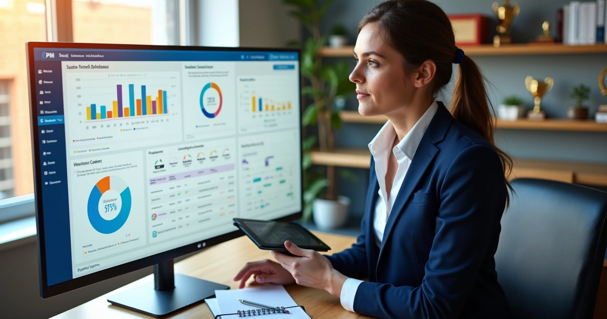Gestor escolar analisando dados de CRM em tela, mostrando gráficos e perfis de alunos. 
