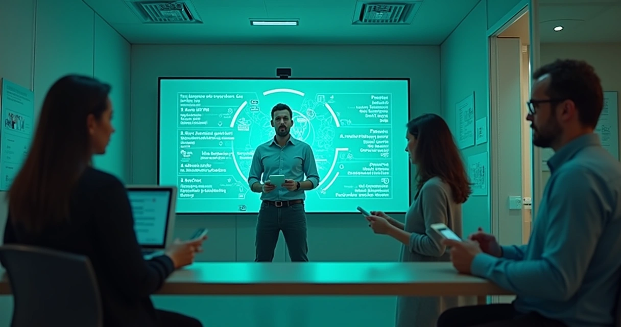 Atendente virtual apresentando painel de segurança ao lado de pessoas recebendo mensagens privadas 
