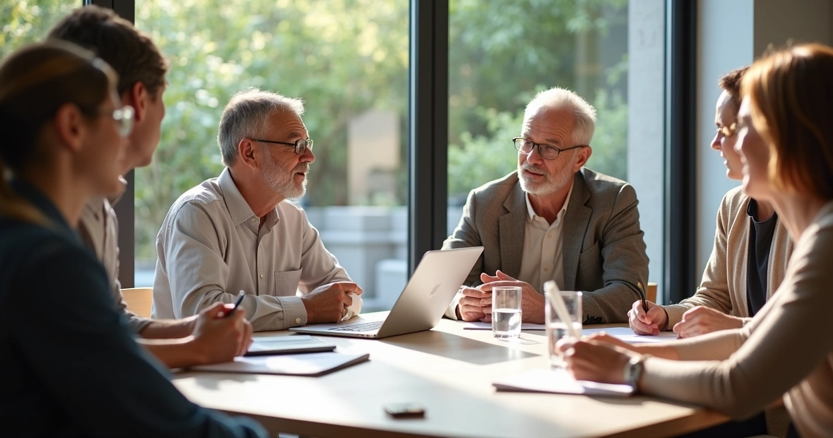 Grupo de pessoas conversando na sala de reunião 