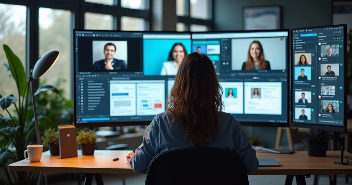 Profissional interagindo com clientes por diversos canais, telas mostrando e-mail, chat e redes sociais 