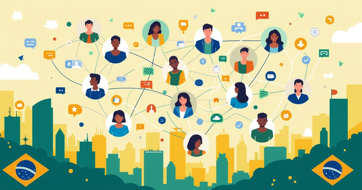 Estratégias digitais de comunicação política com redes conectando pessoas e ícones políticos 