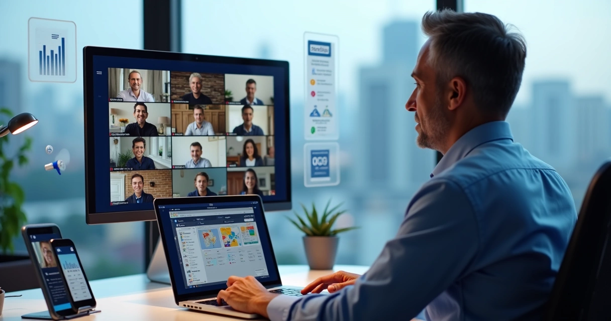 Político em videoconferência falando com eleitores em diferentes dispositivos digitais 