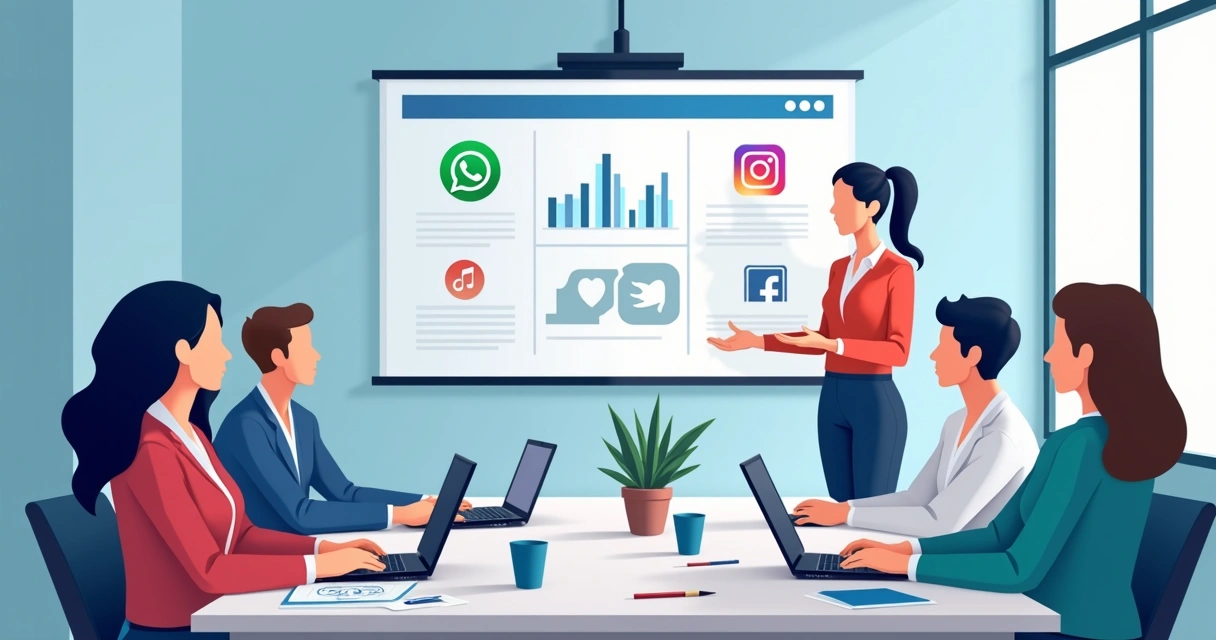 Consultor explicando estratégias digitais para comunicação política em reunião, redes sociais projetadas na tela 