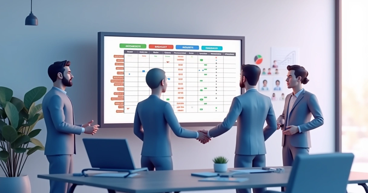 Price book para canais: como estruturar sua tabela de preços indiretos Equipe reunida ao redor de tela projetando tabela de preços indiretos, em escritório moderno