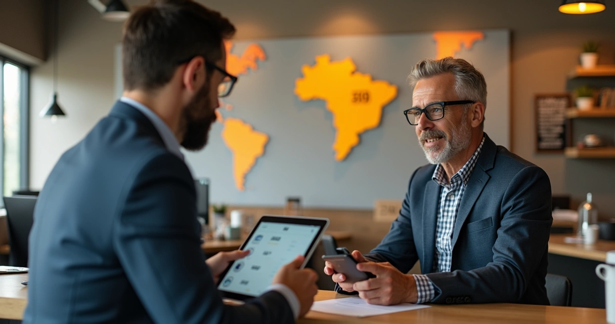 Atendente comercial explicando diferentes preços por região para um cliente empresário. 