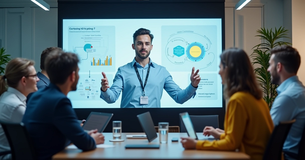 Gestor em call mostrando fluxograma de comunicação proativa de entrega com equipe. 