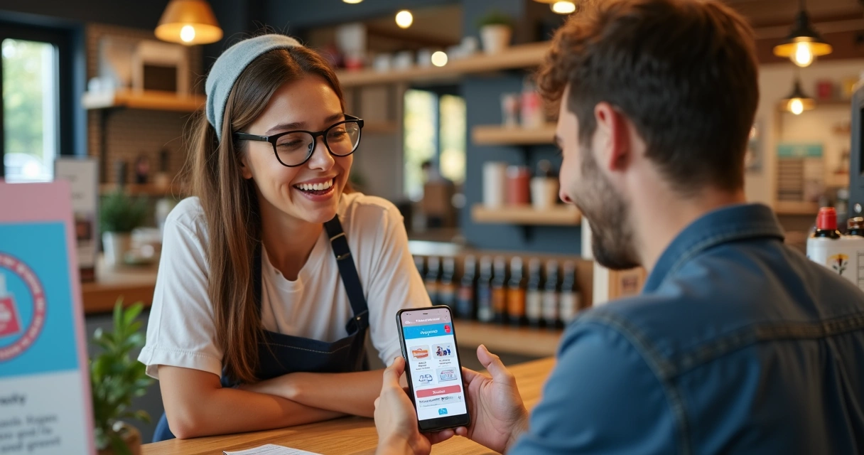 Atendente mostrando cartão fidelidade digital a cliente 