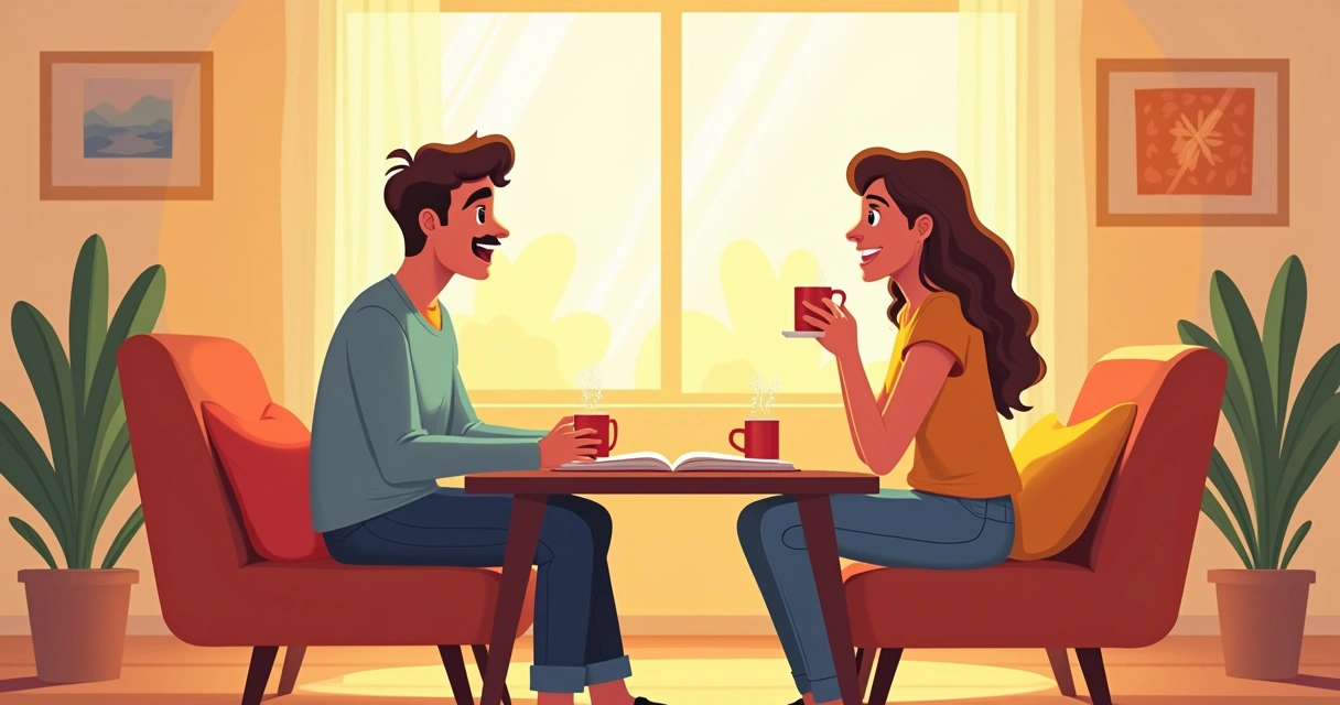 Casal conversando em uma sala iluminada, simbolizando a comunicação em um relacionamento.