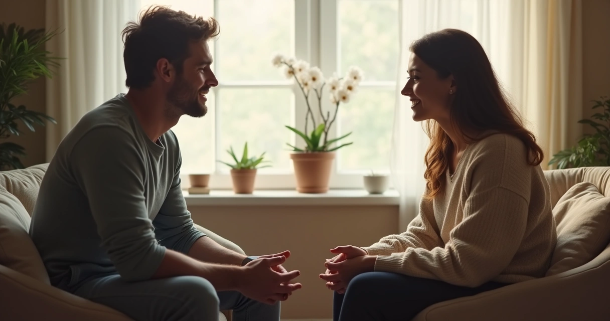Duas pessoas sentadas frente a frente conversando, gesto de empatia, sala iluminada