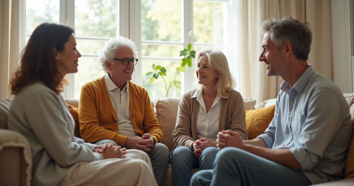 Quatro pessoas reunidas em uma sala conversando de maneira respeitosa