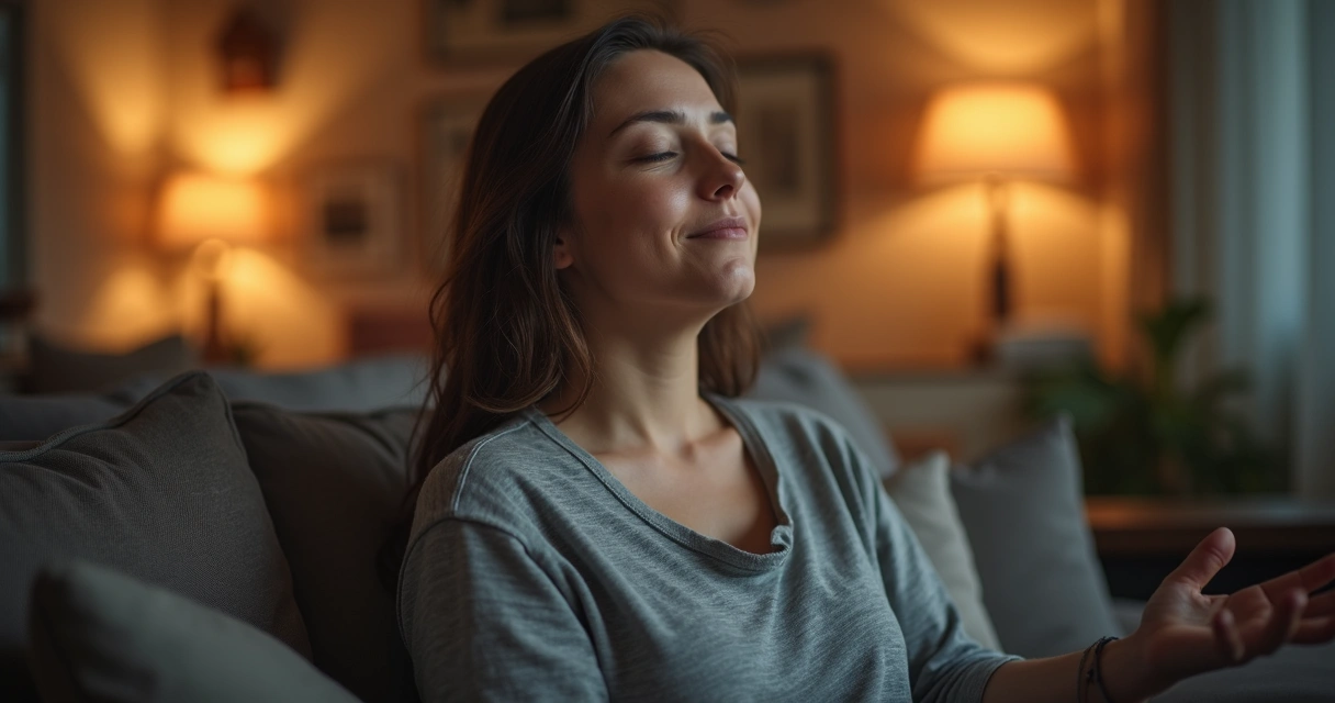 Pessoa sentada em uma cadeira respirando fundo, mãos apoiadas no colo, postura relaxada 