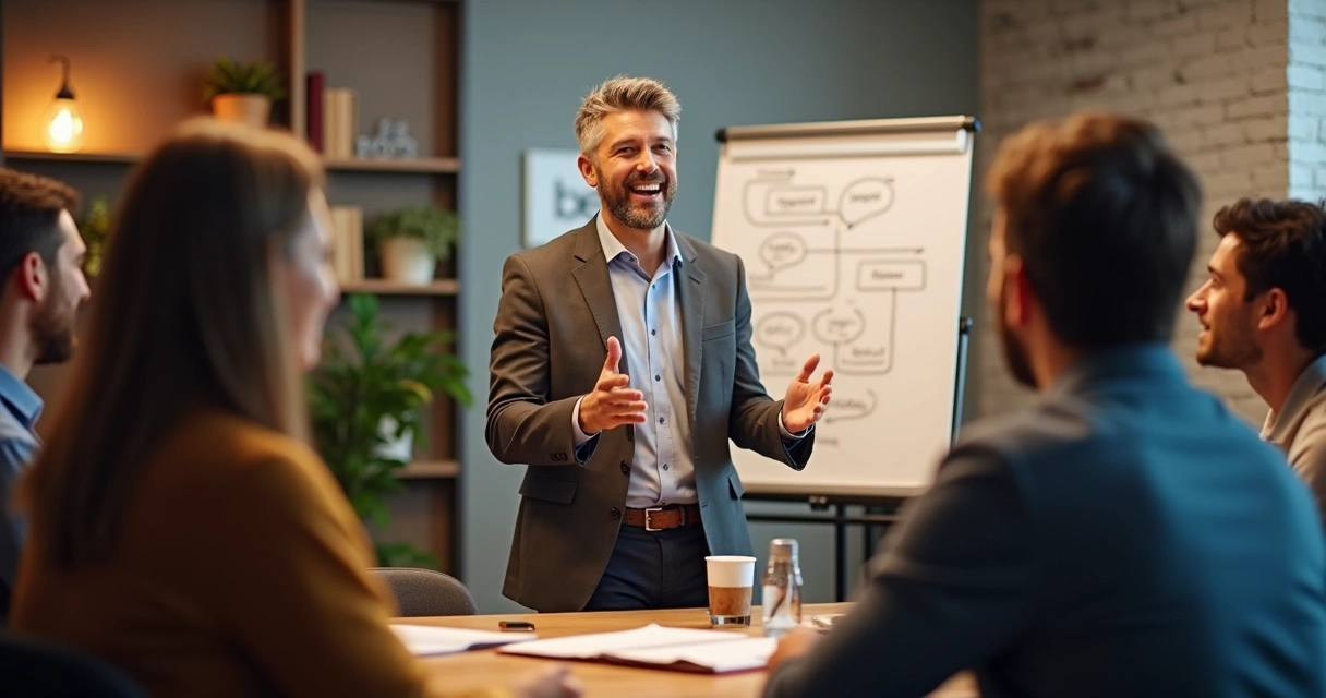 Gestor conversando com colaboradores em reunião informal explicando próximos passos após pesquisa e-NPS 