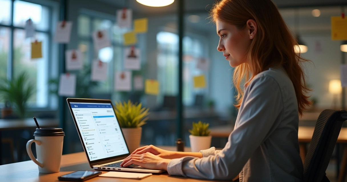 Profissional de RH enviando e-mails em notebook enquanto analisa lista de candidatos 