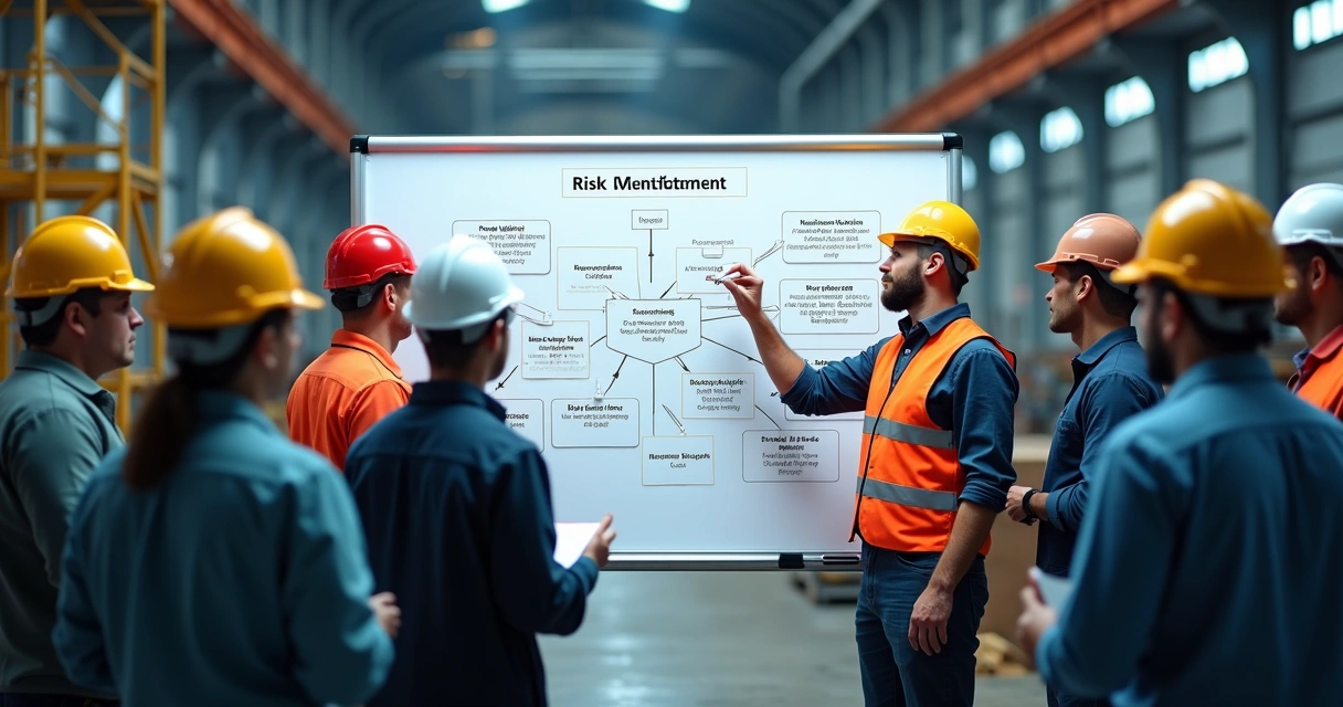 Equipe em fábrica reunida ao redor de quadro branco discutindo gerenciamento de riscos 