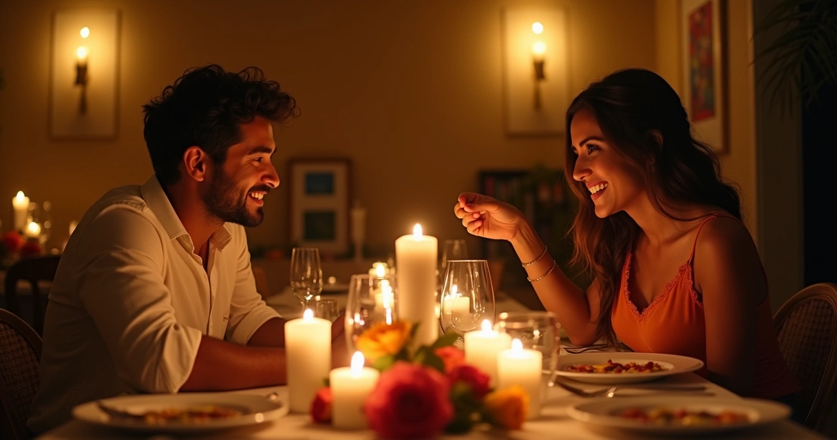 Casal conversando em um jantar romântico, rodeado por velas e flores, simbolizando a importância da comunicação nos rituais de amor.
