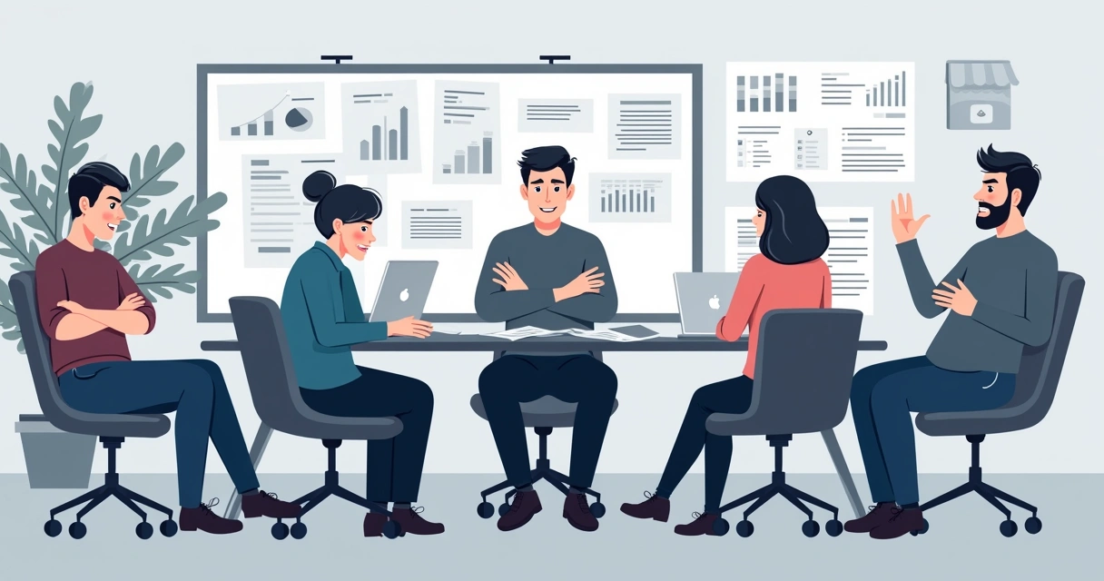 Colegas de trabalho em volta de uma mesa com expressão séria 