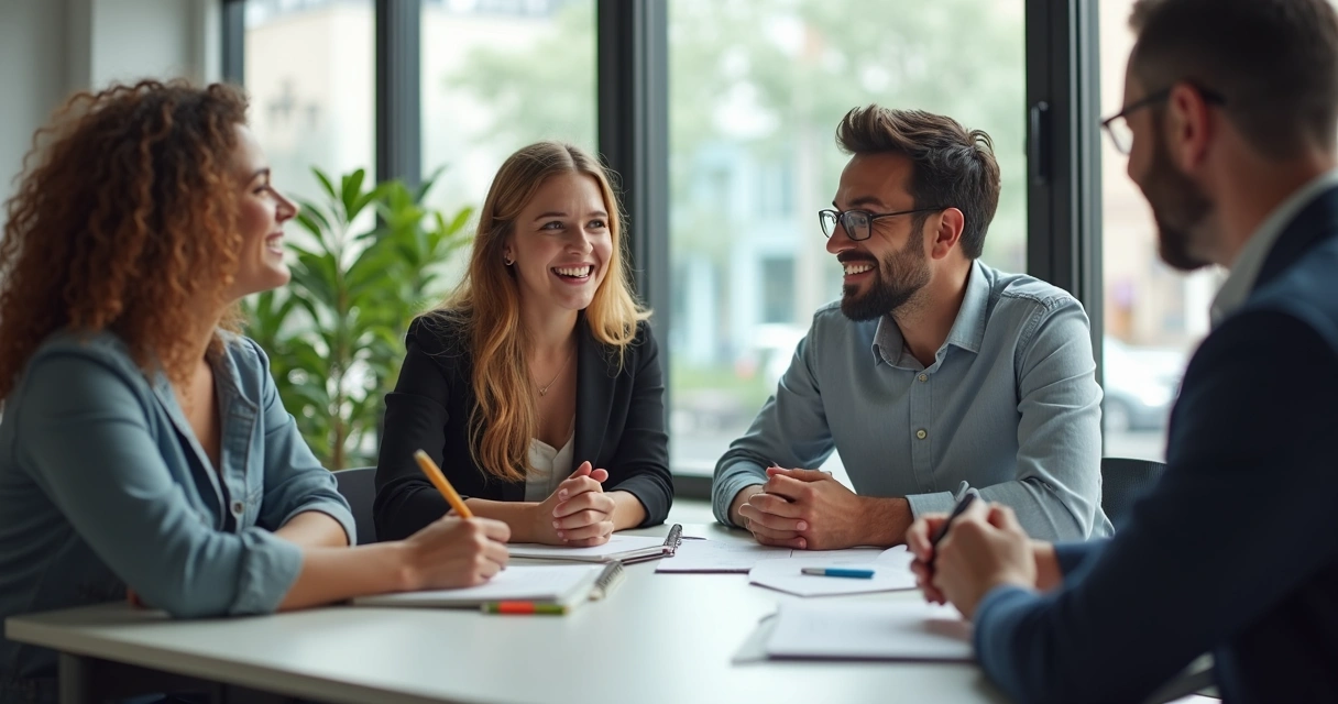 Equipe de trabalho conversando com sorrisos ao redor de uma mesa 