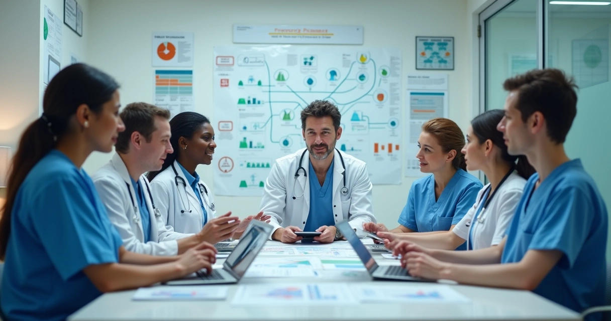 Equipe médica discute diante de quadros explicativos coloridos na parede. 