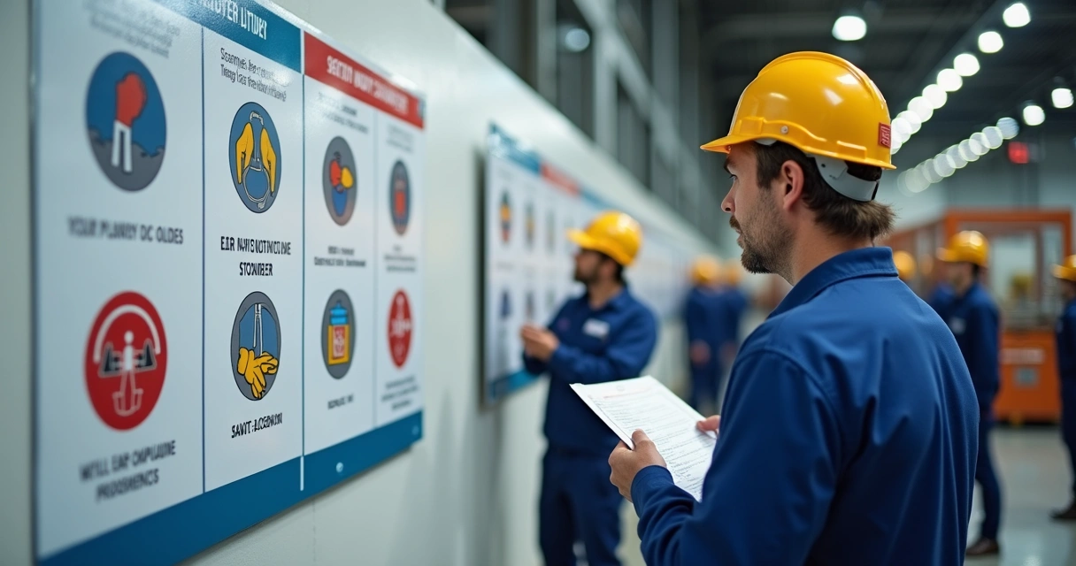 Funcionário terceirizado lendo painel ilustrativo de segurança do trabalho 