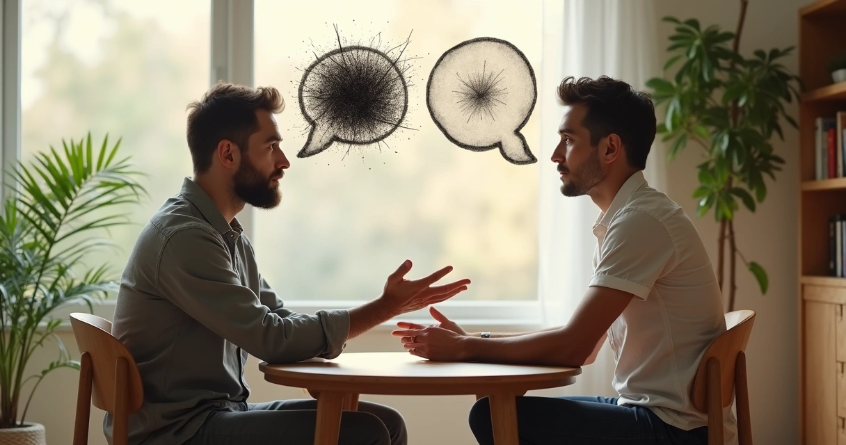 Duas pessoas conversando com empatia em uma mesa, com balões de fala claros e neutros 