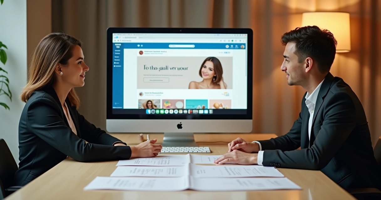 Mesa de reunião com profissional de marketing explicando anúncio a especialista em estética 