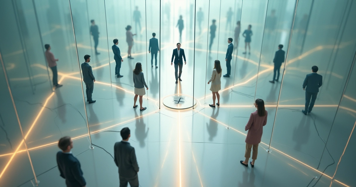 Vista aérea de pessoas em corredores formando um labirinto de comunicação 